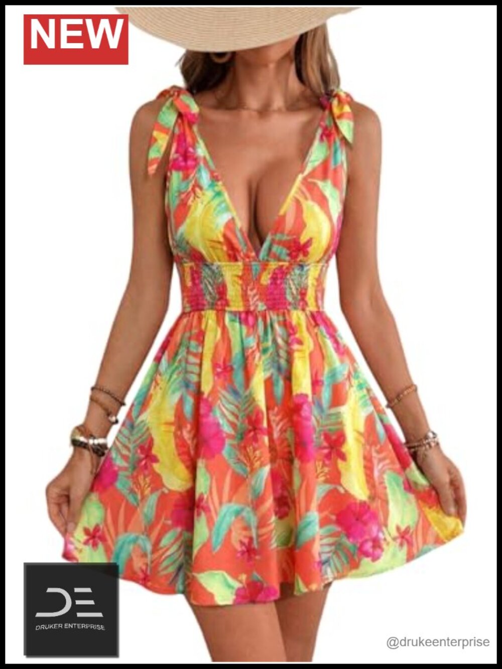 Women's Tropical Floral Backless Mini Sundress Tie Shoulder Summer Beach
